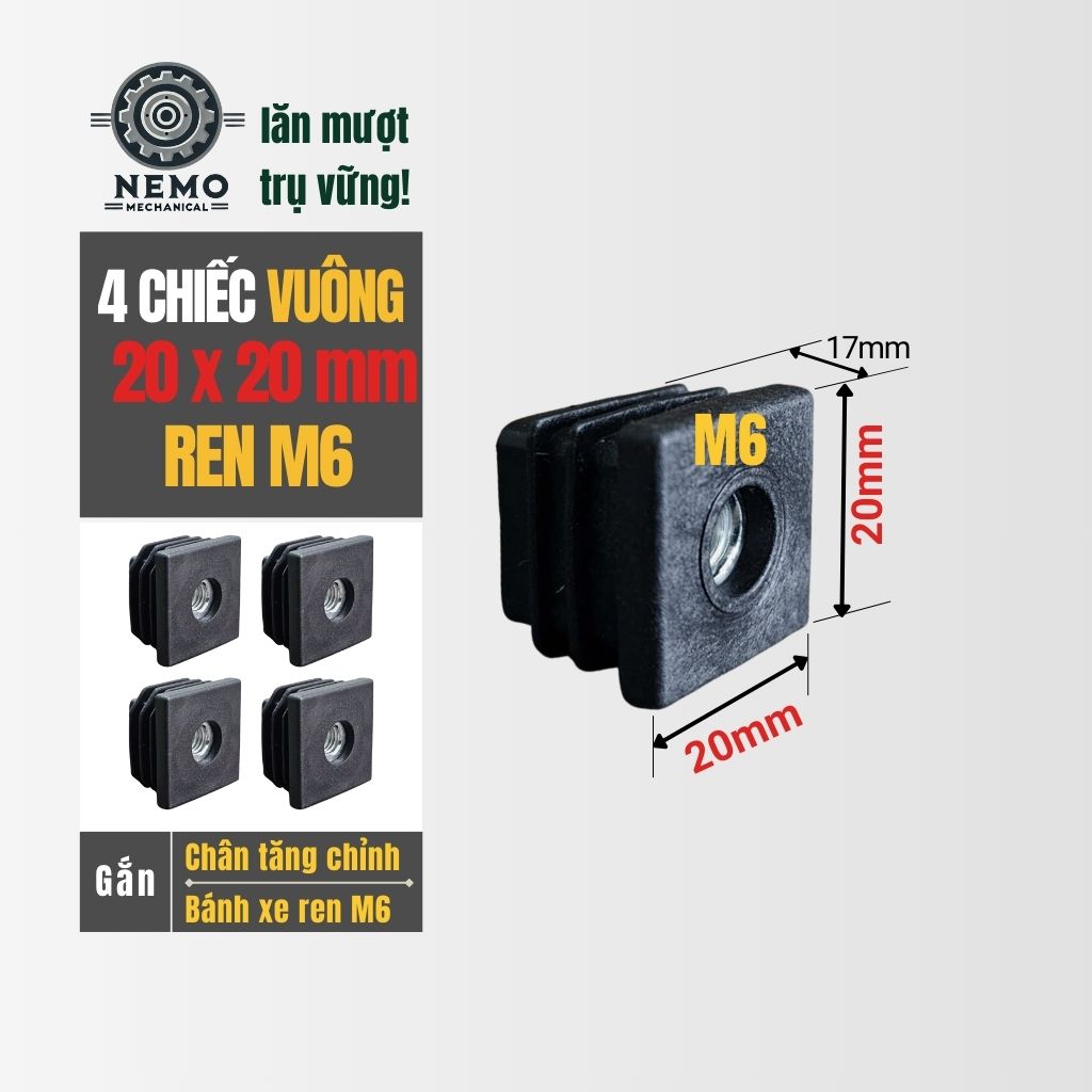 Nắp Chụp Thép Hộp Có Ren – Giải Pháp Lắp Chân Tăng Chỉnh & Bánh Xe Không Cần Hàn (M6, M8, M10)